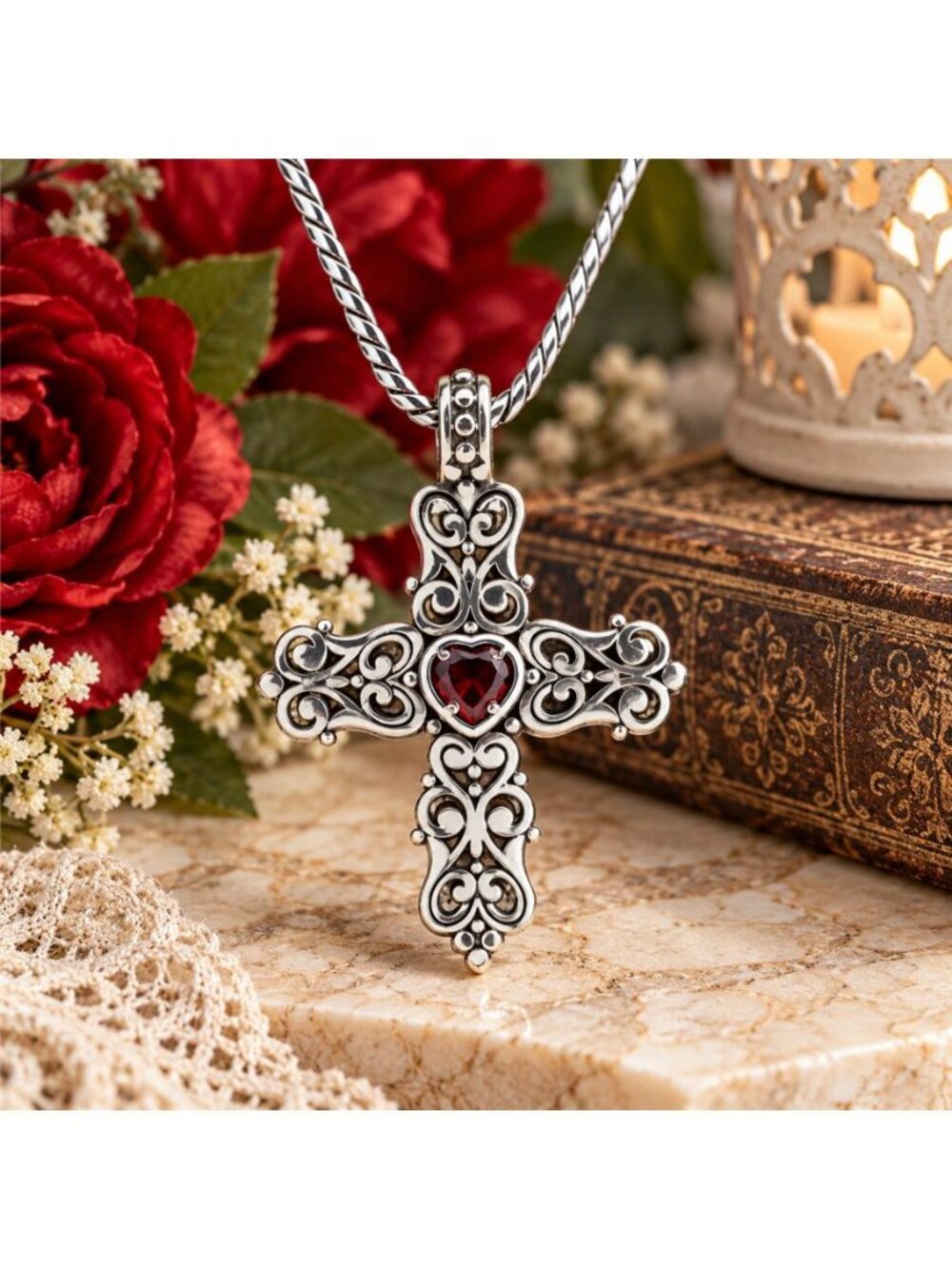 Brighton Endless Love Cross Necklace Red Swarovski Crystal Heart 20" Retired